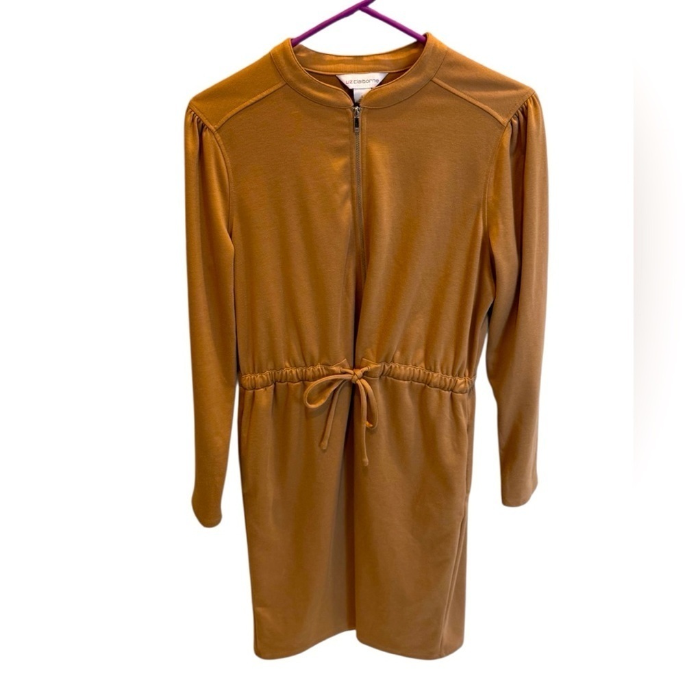 Liz Claiborne Knit Midi Dress Camel Long Sleeve Pocket Downstring Full Zip